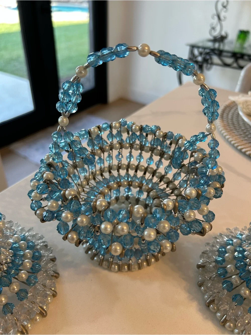 Handcrafted Beaded Blue Basket Safety Pins Lot of 3